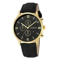 Close-up of Geneva business watch featuring gold-tone case and black dial with Roman numerals - Gold Case Gold Markers Black Strap