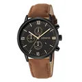 Geneva men's business quartz watch with black dial and brown suede leather strap - Black Case Rose Gold Markers Brown Strap