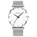 Minimalist silver men's quartz watch with a white dial and mesh stainless steel strap - Silver Case White Dial