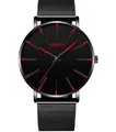 Geneva men's quartz watch with all-black matte finish and Milanese mesh steel strap - Black Case Red Dial