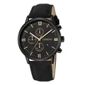 Geneva men's quartz business watch in black finish with rose gold hands and leather strap - Black Case Rose Gold Markers Black Strap