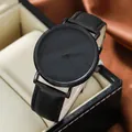 Minimalist all-black men's quartz watch with textured dial and black leather strap - Black Black Needle