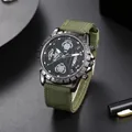 Men's quartz sports watch with black dial, calendar display, and green canvas strap - Green