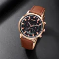 Men's business quartz watch with rose gold case, brown leather strap and black dial - Brown