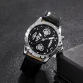 Ανδρικό ρολόι quartz με ασημένια μεταλλική κάσα, μαύρο δερμάτινο λουράκι και ημερολόγιο - Μαύρο Λουράκι Ασημένια Κάσα Μαύρο Καντράν