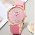 Pink quartz watch for women with rose gold case and glitter dial on leather strap - Rose Red Pink Dial