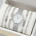 Ασημένιο ρολόι quartz με λουράκι mesh και σετ τεσσάρων μεταλλικών βραχιολιών για γυναίκες - Σετ Ρολόι Και Βραχιόλια / Ασημί