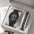 Σετ ανδρικό ρολόι quartz με μαύρο ατσάλινο βραχιόλι σε πολυτελές βελούδινο κουτί δώρου - Μαύρο
