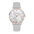 Détail de montre à quartz en or rose avec cadran nacré et bracelet en cuir gris chic - Style Gris (Gris Personnalisé)