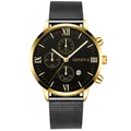 Close-up of Geneva men's watch with gold case, black dial, and mesh steel band - Gold Black