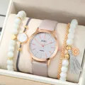 Reloj de cuarzo rosa para mujer con correa de cuero púrpura y juego de brazaletes - Reloj Gris Y Pulseras Combo