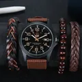 Militär-Quarzuhr mit Nylonarmband und Set aus geflochtenen Lederarmbändern für Herren - Braun