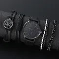 Minimalistisches schwarzes Quarzuhr-Set mit vier strukturierten Leder- und Perlenarmbändern - Set mit schwarzen Zirkonia