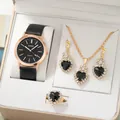 Set de regalo de 5 piezas con reloj de cuarzo negro brillante y joyas de corazón - Reloj Negro Y Collar Pendientes Anillo