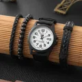 Quarzuhr-Set für Herren mit schwarzem Nylonband und drei passenden Armbändern - Schwarz (Weißes Zifferblatt)