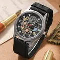 SOKI Men's Industrial Style Watch with Black Canvas Strap and Skeleton Dial - Black