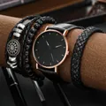 Modisches Herren-Quarzuhren-Set mit schwarzem Lederarmband und Perlenarmbändern - Schwarzes Band Roségold Gehäuse Set
