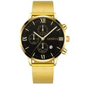 Detail view of gold mesh strap business watch with black dial and date display - Gold