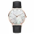 Montre à quartz élégante avec cadran en nacre blanche, boîtier or rose et bracelet en cuir noir - Style Noir (Différence de Prix du Coffret)