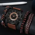 Herren SOKI Quarzuhr mit braunem Nylonarmband und Lederperlen-Armband Geschenkset - Zubehör-Set A (1129) / Braun