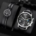Men's business quartz watch with black sunray dial and black braided tree of life bracelet - Silver Black Watch And Bracelet