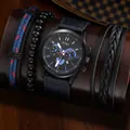 SOKI men's fashion quartz watch set with blue canvas strap and braided bracelets - Blue Set (SJ1118)