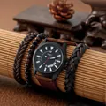 SOKI men's casual quartz watch with brown canvas strap and three braided bracelets set - Brown