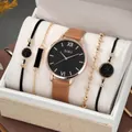Coffret montre femme chic avec bracelet en cuir marron et quatre bracelets élégants - Marron