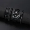 Schwarze Herren-Militär-Quarzuhr mit Nylonarmband und geflochtenem Armband-Set - Schwarz (Schwarzes Zifferblatt)
