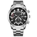 Reloj de cuarzo para hombre con esfera negra multifunción y correa de acero inoxidable - Plateado