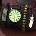 SOKI Herrenquarzuhr mit grünem Segeltucharmband und passendem Perlenarmband-Set - Quarzuhr Zubehör Kombination / Set mit schwarzen Zirkonia