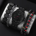 Men's sports watch gift set with black quartz watch and three fashion bracelets - Black Set 1