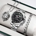 Set orologio al quarzo argento da uomo con collana leone e bracciale cubano - Combinazione Orologio Collana Bracciale / Argento