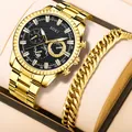 Goldenes SOKI Herren-Uhrenset mit schwarzem Zifferblatt und goldenem Panzerarmband - Gold