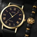 SOKI Herren Gold-Quarzuhr mit schwarzem Lederarmband und Löwenkopf Perlenarmband-Set - Uhr mit Löwenkopf-Armband / Schwarz Gold Set