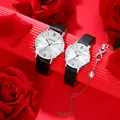 Elegant pair of silver quartz watches with black leather straps and infinity bracelet - Infinity Bracelet Set (Couple Set 2)