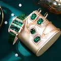 Luxury 5-piece emerald jewelry and watch set with gold accents and leather strap - Green Watch Necklace Ring Earrings Set 1