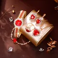 Set orologio donna quarzo oro con collana anello e orecchini cuore rosso rubino - Set Gioielli Orologio al Quarzo Cuore / Set con Zirconia Rossa