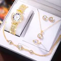 Luxury gold-plated women's watch set with crystal-encrusted necklace, ring and earrings - Watch Chain Ring Earring Accessory (No Box) / Gold