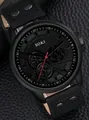 SOKI men's black quartz sports watch featuring a leather strap with rivet accents - Black Watch Only