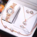 Elegant 5-piece rose gold quartz watch set with crystal jewelry in a gift box - Watch Chain Ring Earring Accessory (No Box) / Rose Gold