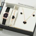 Set orologio al quarzo donna con collana, bracciale e orecchini a cuore nero oro rosa - Nero