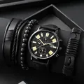 Set orologio al quarzo da uomo e bracciale in pelle nera con datario su quadrante nero - nero e oro