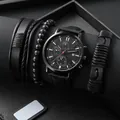 Set orologio al quarzo LIANDU da uomo con calendario e bracciali in pelle nera business - Nero
