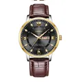 Orologio business da uomo classico con ghiera dorata, quadrante nero e cinturino in pelle - Marrone