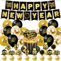 Set decorativo per Capodanno 2026 nero e oro con striscioni palloncini e topper per torte - Decorazioni Di Capodanno