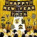 Set de decoración fiesta Año Nuevo 2026 con pancartas negro y oro y globos de látex - Combinación de Decoración de Año Nuevo Negro y Oro (Pancarta/Espirales/Cortinas de Flecos/Globos)