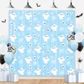 Light blue Halloween backdrop featuring cartoon ghosts and spiders for party decoration - Ghost / Blue
