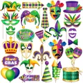 20-piece Mardi Gras photo booth props set with colorful masks, crowns and hats for party fun - Mardi Gras Theme Photo Props Set