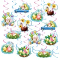 Kit décoration fête de Pâques avec tourbillons suspendus motif lapin et œufs colorés - Pendentif thème Pâques avec spirale simple rose et double spirale bleu clair